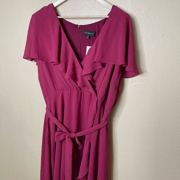 Lane Bryant Dress Womens 22 Maroon V-Neck Ruffled Sleeveless Solid - Picture 2 of 13